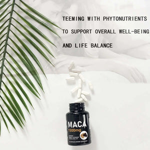 Luxvaa Maca Root Capsules – 1500mg Natural Energy & Balance Support (60 Count) with maca pills and a green leaf.