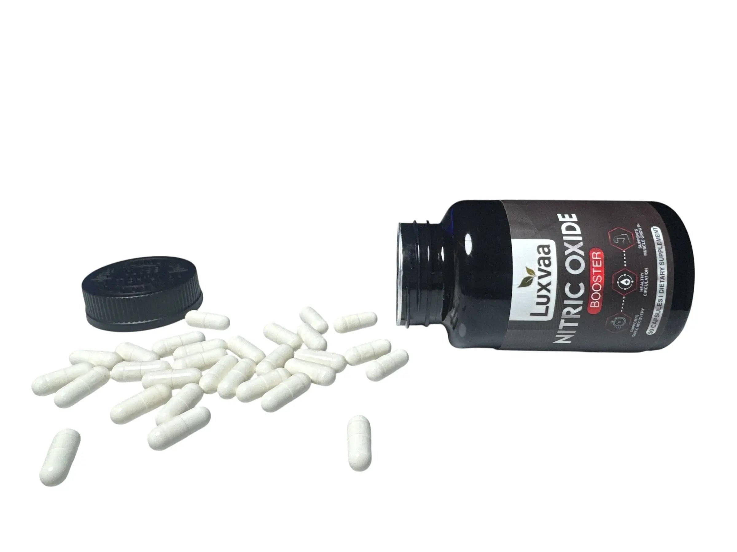 LUXVAA Nitric Oxide Booster 90 Ct bottle spilled with capsules, emphasizing its role in promoting blood circulation and enhancing exercise performance as a quality health supplement and Nitric Oxide supplement.