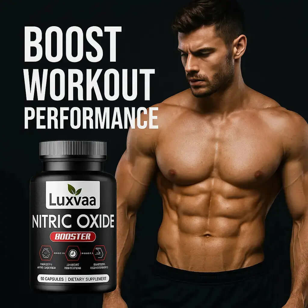 Luxvaa Nitric Oxide Booster advertisement featuring a muscular man, promoting enhanced workout performance and overall wellness through nitric oxide supplements.