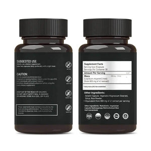 Luxvaa Maca Root Capsules – 1500mg Natural Energy & Balance Support (60 Count) supplement facts and suggested use.