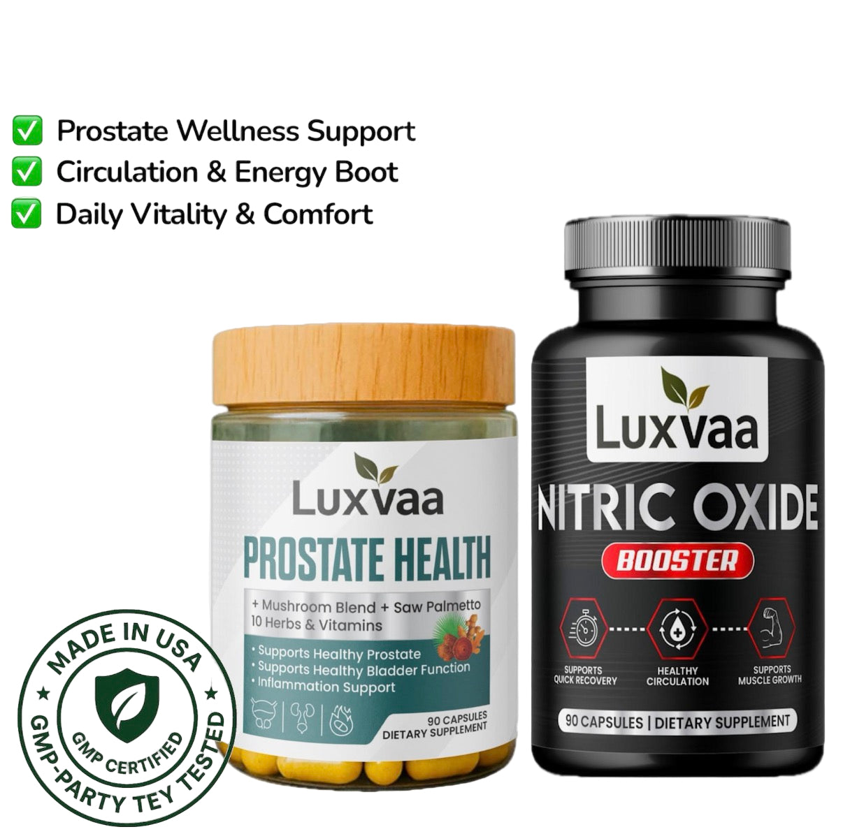 Luxvaa Men’s Health Bundle – Prostate Health & Nitric Oxide Booster showing the 2 Pack of 90ct each, a perfect solution for prostate health & Nitric Oxide enhancement.