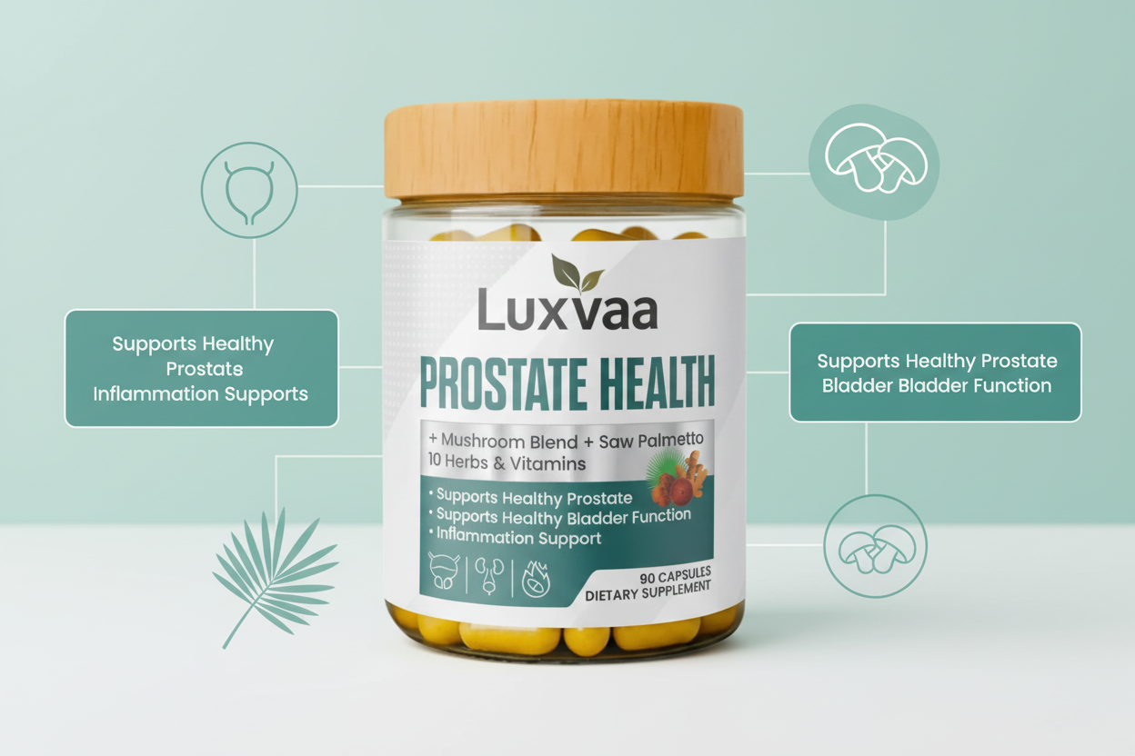 Luxvaa Prostate Health supplement jar with a white background