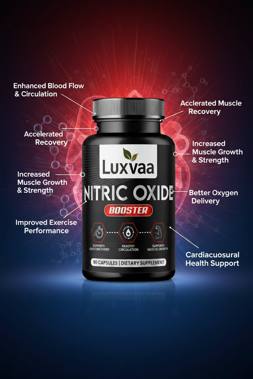 Luxvaa Nitric Oxide Booster supplement bottle showcasing its benefits for blood circulation, fitness, and overall health in a visually appealing design. Perfect for those seeking effective supplements to enhance their workouts.
