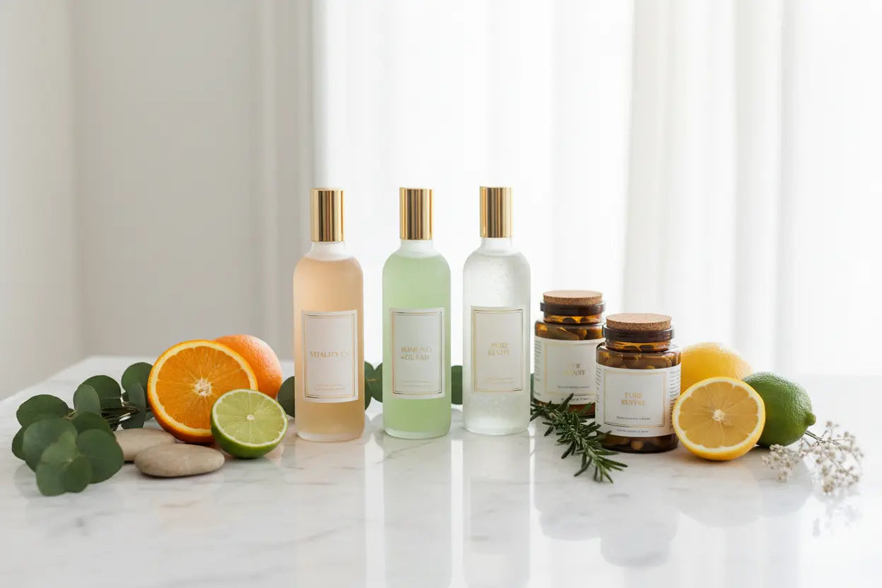 wellness and immunity supplements displayed with fresh fruits and herbal ingredients on a marble table.