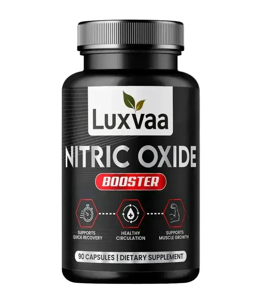 Luxvaa Nitric Oxide Booster supplement bottle, focused on promoting circulation and enhancing health in a dietary support routine.
