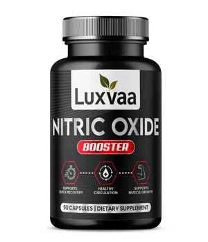 Luxvaa Nitric Oxide Booster supplement bottle, focused on promoting circulation and enhancing health in a dietary support routine.