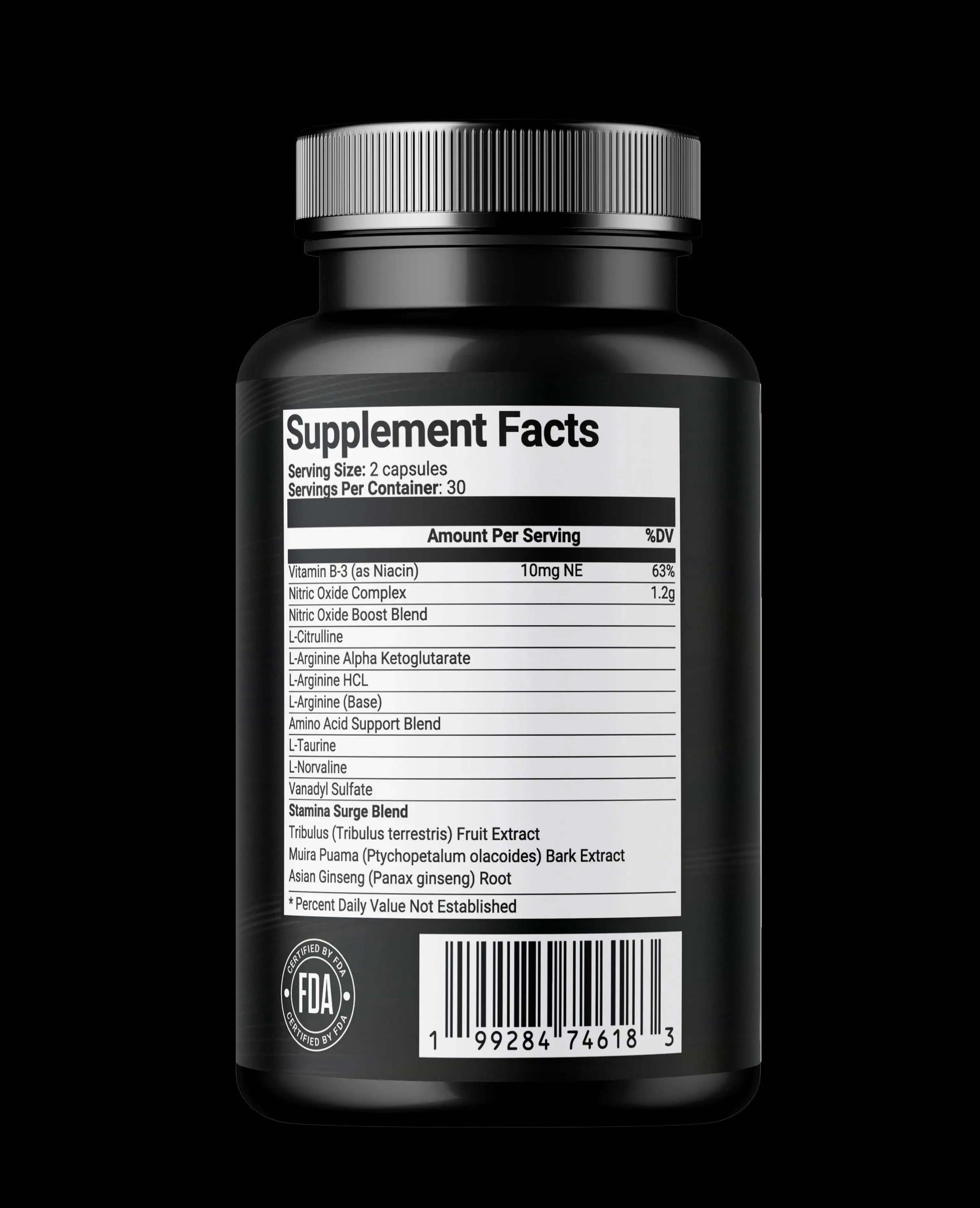 Back view of Luxvaa Nitric Oxide Booster bottle displaying the supplement facts, emphasizing its ingredients aimed at improving blood circulation, fitness, and health. A must-have for anyone looking to boost their workout performance.