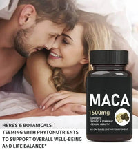 Luxvaa Maca Root Capsules – 1500mg Natural Energy & Balance Support (60 Count) on a bed with a couple.