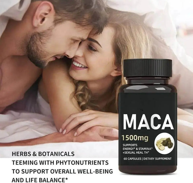Luxvaa Maca Root Capsules – 1500mg Natural Energy & Balance Support (60 Count) on a bed with a couple.