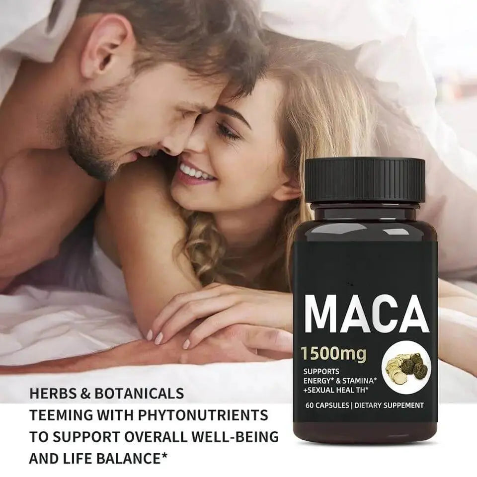 Luxvaa Maca Root Capsules – 1500mg Natural Energy & Balance Support (60 Count) on a bed with a couple.