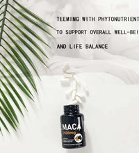 Luxvaa Maca Root Capsules – 1500mg Natural Energy & Balance Support (60 Count) with maca pills and a green leaf.