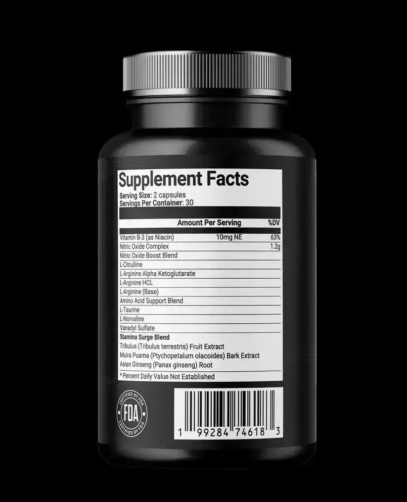 Nutritional information for Luxvaa Nitric Oxide Booster supplement, detailing ingredients designed to support health and workout performance.