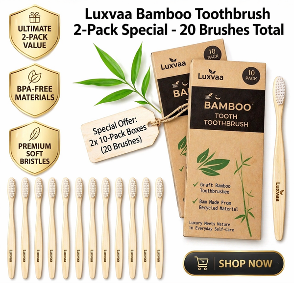 Luxvaa Premium Bamboo Toothbrushes (Value 2-Pack, 20 Brushes Total) - Eco-Friendly, BPA-Free, Soft Bristles