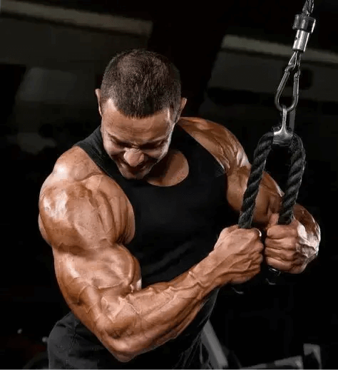 A close-up of a bodybuilder during an intense workout, showcasing the vitality and strength gained from using LUXVAA Nitric Oxide Booster 90 Ct for better blood circulation and exercise performance, an effective health supplement.