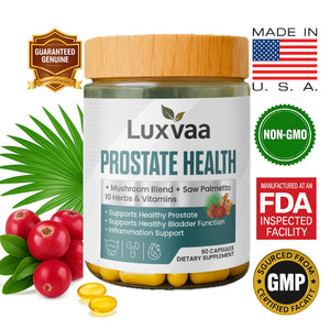 Luxvaa Prostate Health Supplement – Saw Palmetto, Zinc, Selenium & Magnesium – 90 Capsules, featuring essential prostate health supplements to support men's wellness.
