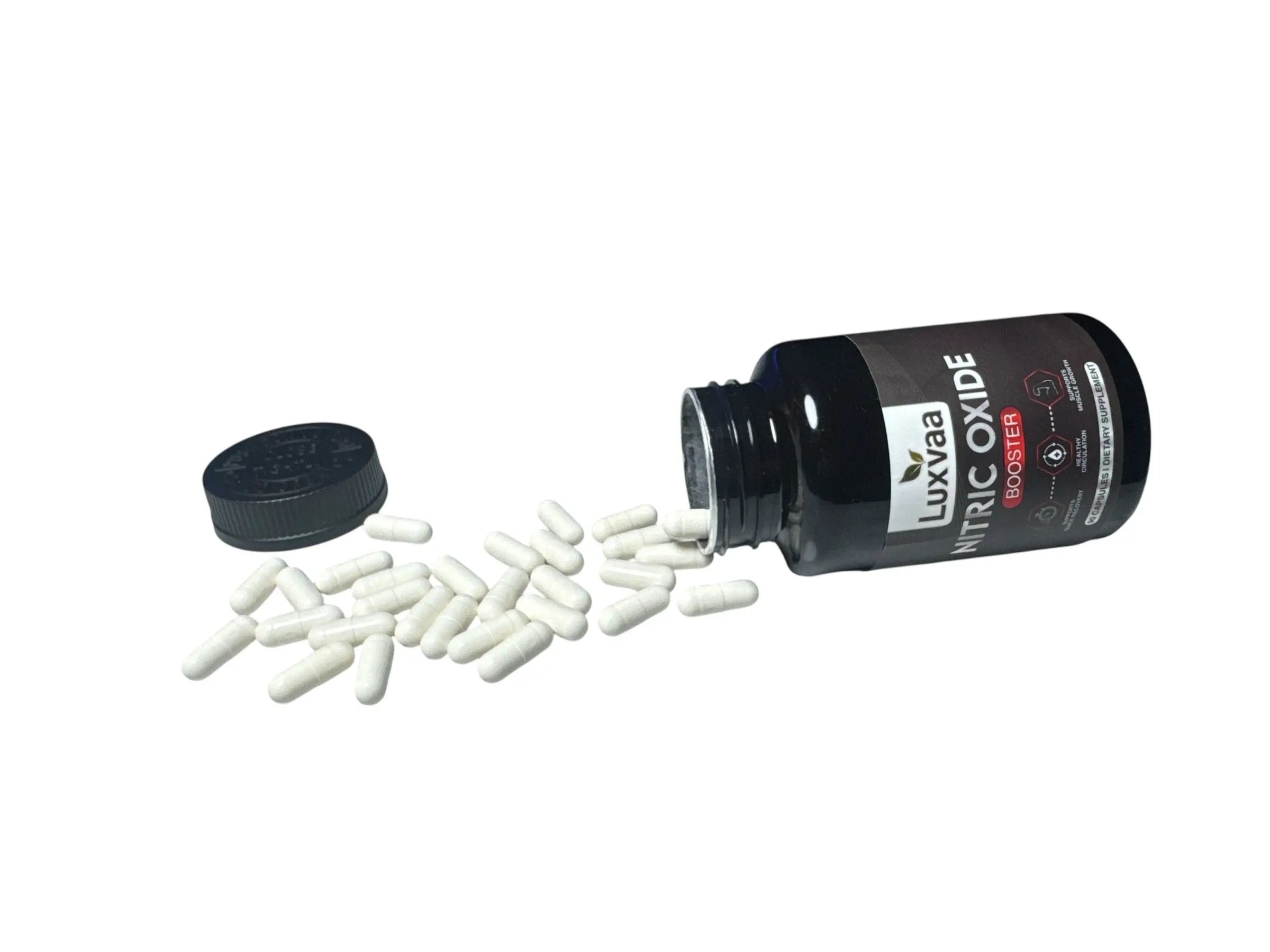 White capsules of LUXVAA Nitric Oxide Booster 90 Ct scattered next to the bottle, underlining the product's effectiveness in supporting blood circulation and exercise performance, making it an essential health supplement.