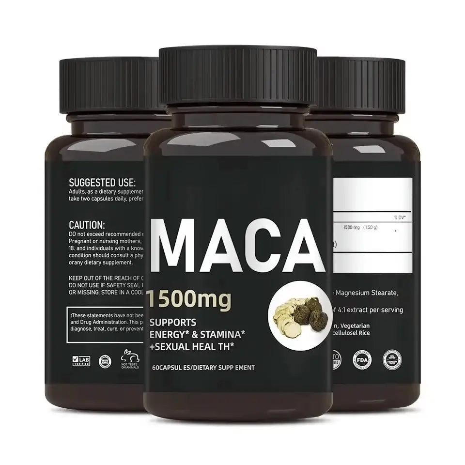 Luxvaa Maca Root Capsules – 1500mg Natural Energy & Balance Support (60 Count) product packaging with energy support details.