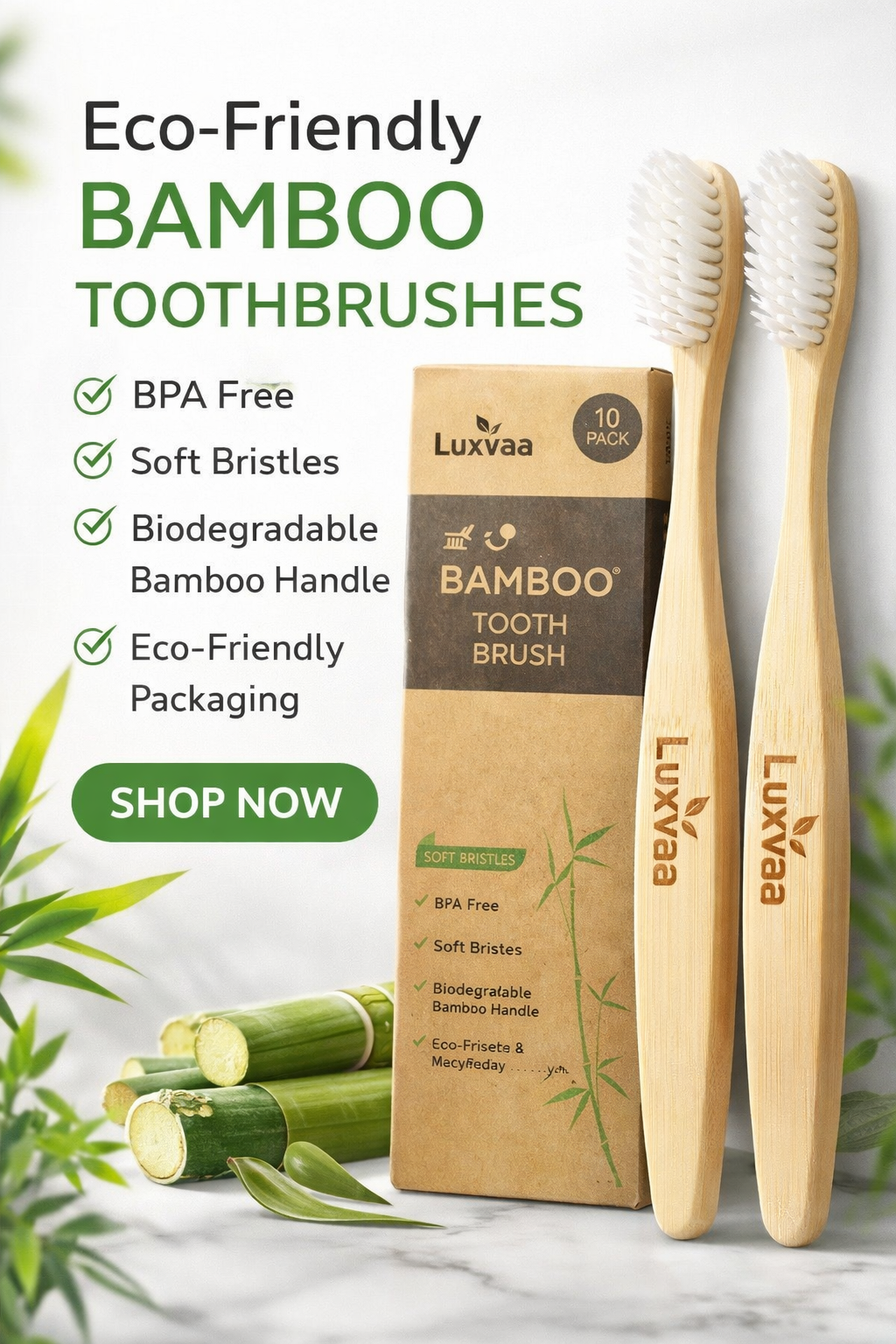 Luxvaa Bamboo Toothbrush – 10 Pack | Eco-Friendly Soft Bristles