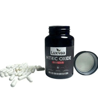 LUXVAA Nitric Oxide Booster 90 Ct bottle with open cap and spilled capsules, showcasing this powerful health supplement that enhances blood circulation and boosts exercise performance, a must-have Nitric Oxide supplement.
