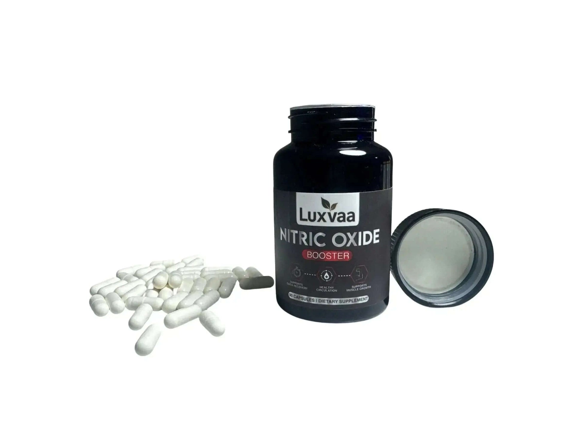 LUXVAA Nitric Oxide Booster 90 Ct bottle with open cap and spilled capsules, showcasing this powerful health supplement that enhances blood circulation and boosts exercise performance, a must-have Nitric Oxide supplement.