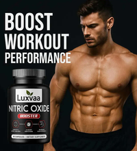 Luxvaa Nitric Oxide Booster advertisement featuring a muscular man, promoting enhanced workout performance and overall wellness through nitric oxide supplements.
