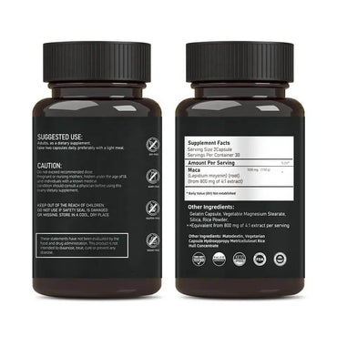 Luxvaa Maca Root Capsules – 1500mg Natural Energy & Balance Support (60 Count) supplement facts and suggested use.