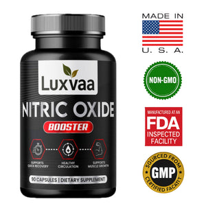 Luxvaa Nitric Oxide Booster - 90 Capsules featuring L-Arginine, Beet Root & L-Citrulline for enhanced energy and stamina, ideal nitric oxide booster for gym performance.