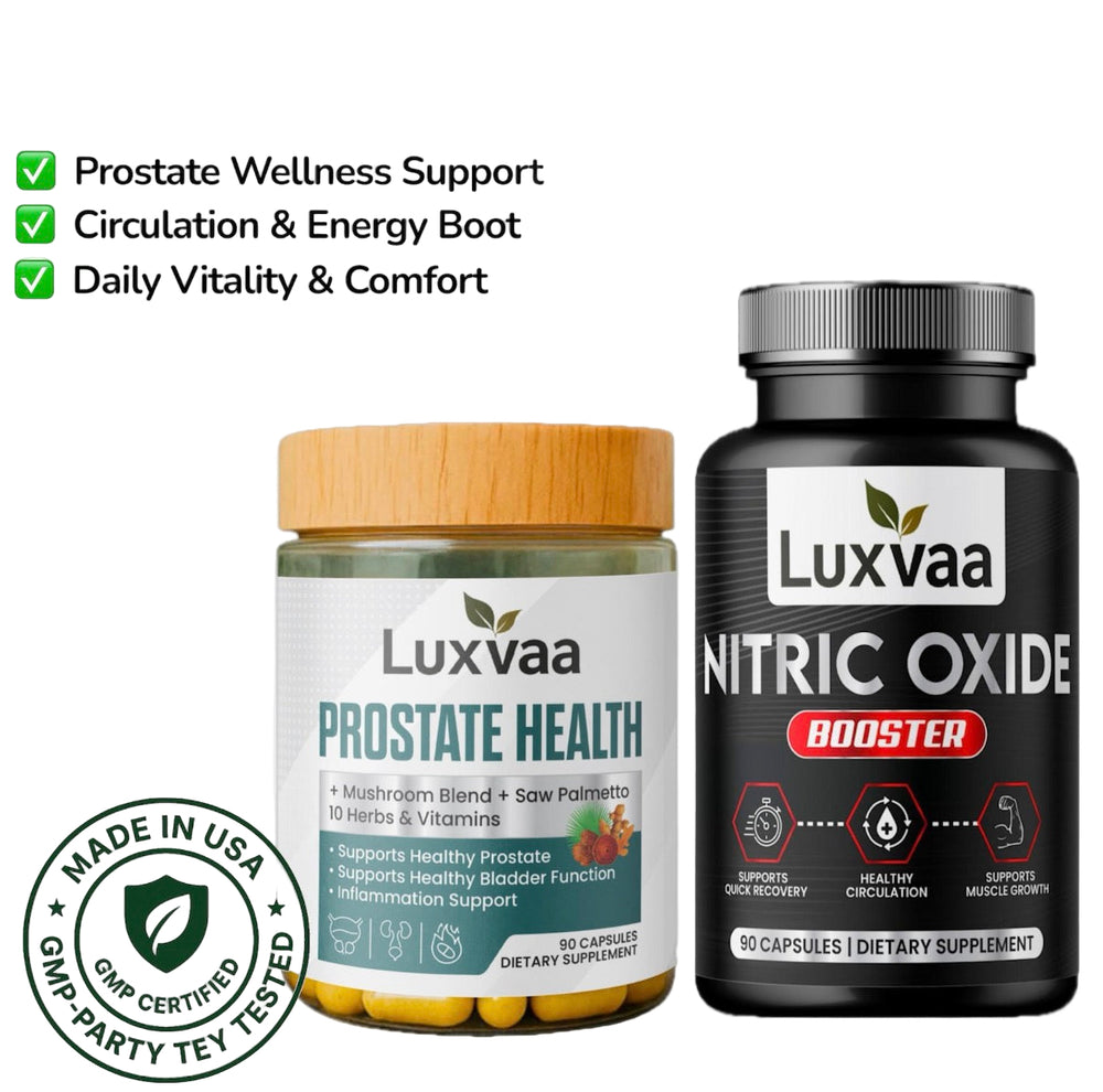 Luxvaa Men’s Health Bundle – Prostate Health & Nitric Oxide Booster showing the 2 Pack of 90ct each, a perfect solution for prostate health & Nitric Oxide enhancement.