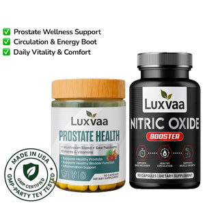 Luxvaa Men’s Health Bundle – Prostate Health & Nitric Oxide Booster showing the 2 Pack of 90ct each, a perfect solution for prostate health & Nitric Oxide enhancement.