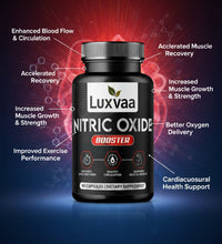 Luxvaa Nitric Oxide Booster supplement bottle showcasing its benefits for blood circulation, fitness, and overall health in a visually appealing design. Perfect for those seeking effective supplements to enhance their workouts.