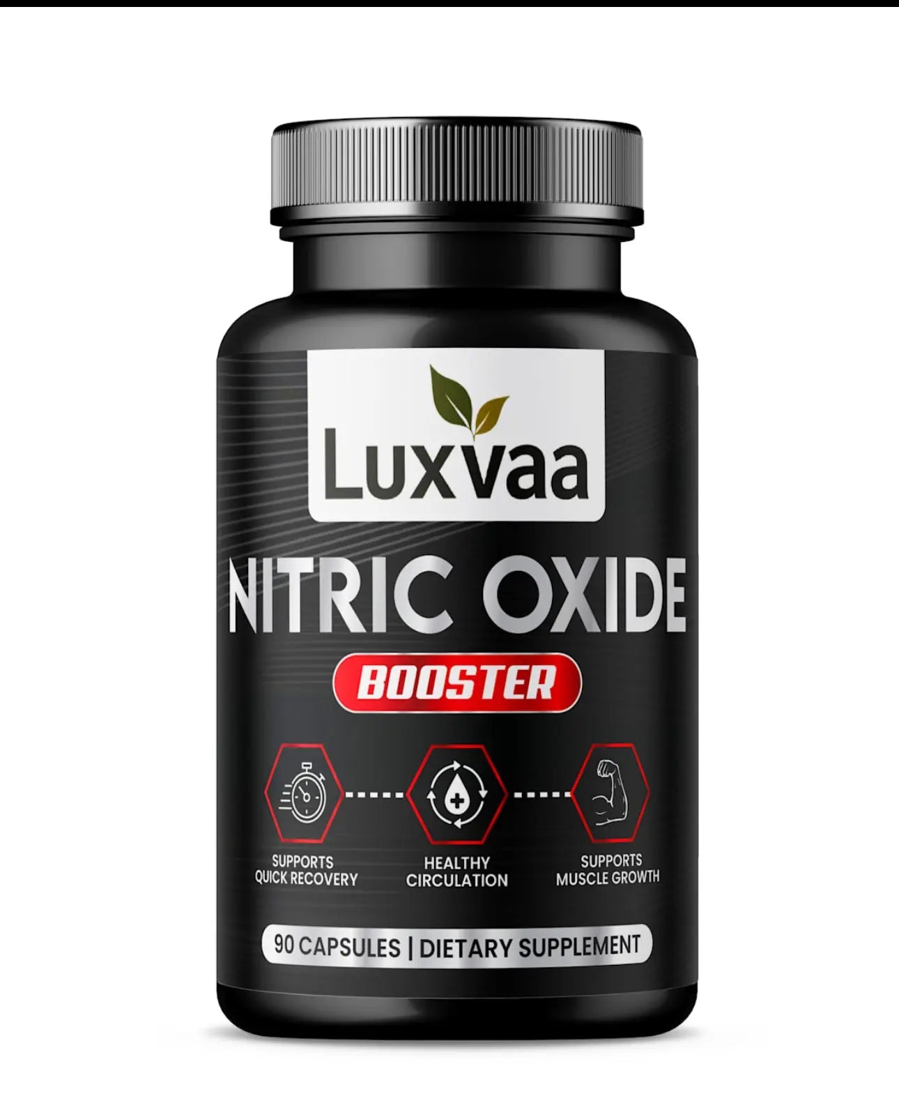 Luxvaa Nitric Oxide Booster supplement bottle showcasing its benefits for blood circulation, fitness, and overall health in a visually appealing design. Perfect for those seeking effective supplements to enhance their workouts.