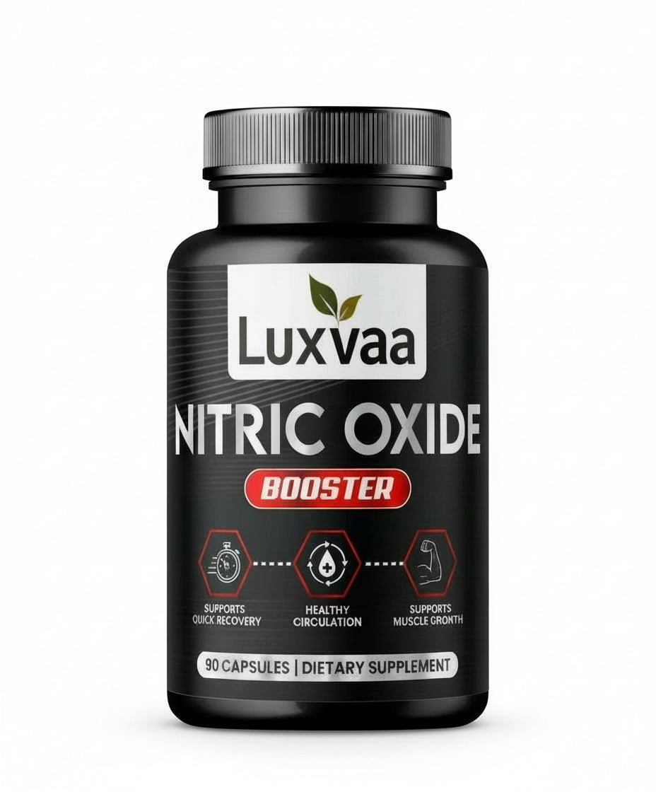 Luxvaa Nitric Oxide Booster supplement bottle showcasing its benefits for blood circulation, fitness, and overall health in a visually appealing design. Perfect for those seeking effective supplements to enhance their workouts.