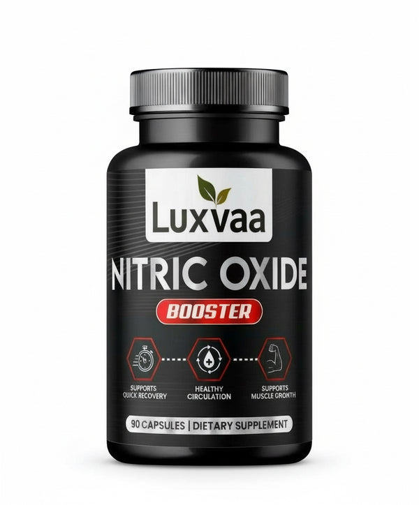 Luxvaa Nitric Oxide Booster supplement bottle showcasing its benefits for blood circulation, fitness, and overall health in a visually appealing design. Perfect for those seeking effective supplements to enhance their workouts.