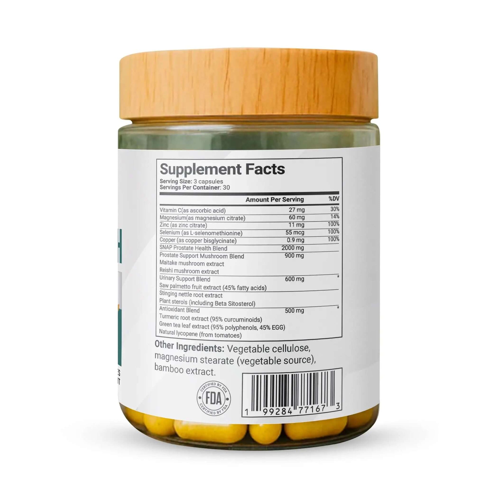 Side view of Luxvaa Prostate Health supplement jar showing nutrient information for promoting prostate health, vital for men's wellness.