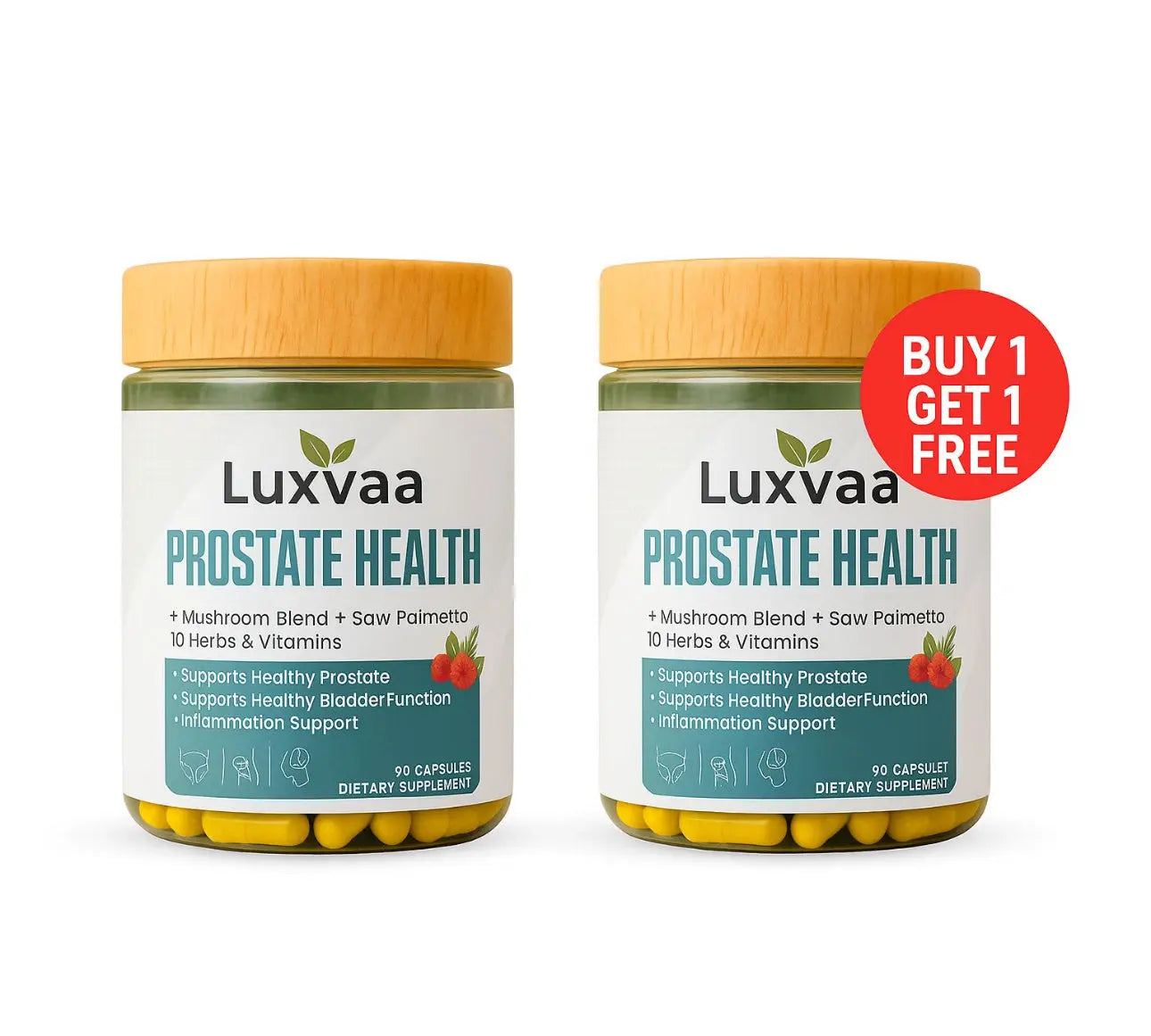 Luxvaa Prostate Health Supplements with a promotional 'Buy 1 Get 1 Free' offer. These prostate health supplements are formulated with a unique mushroom blend and are focused on supporting prostate health, bladder function, and promoting overall men's wellness.