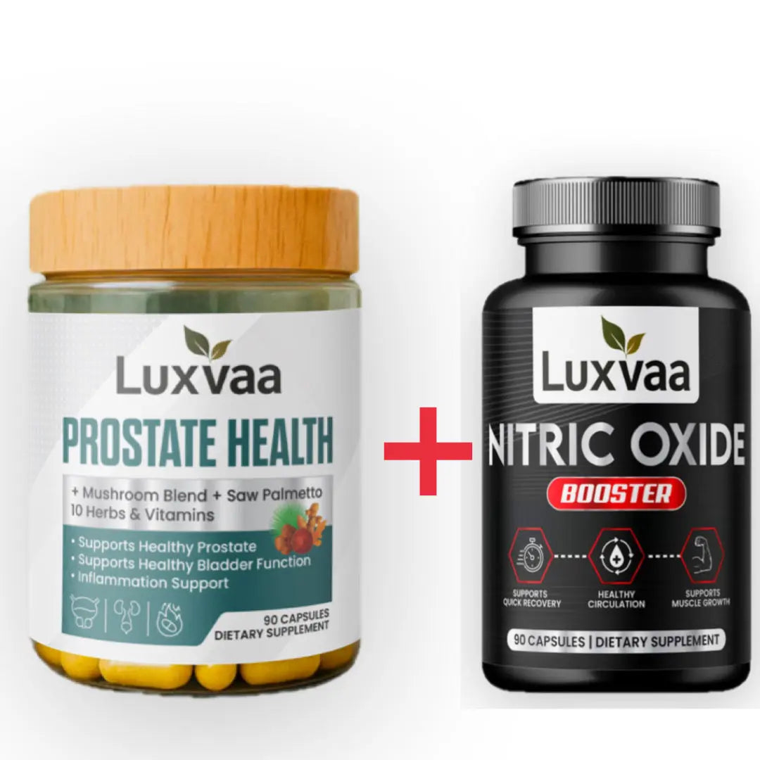 Luxvaa Prostate Health + Nitric Oxide Combo, featuring herbal blends for prostate support and nitric oxide benefits, perfect for health enthusiasts seeking wellness supplements.