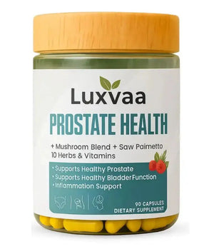 Luxvaa Prostate Health supplement jar, highlighting its unique mushroom blend and vitamins designed to support prostate health and overall wellness.