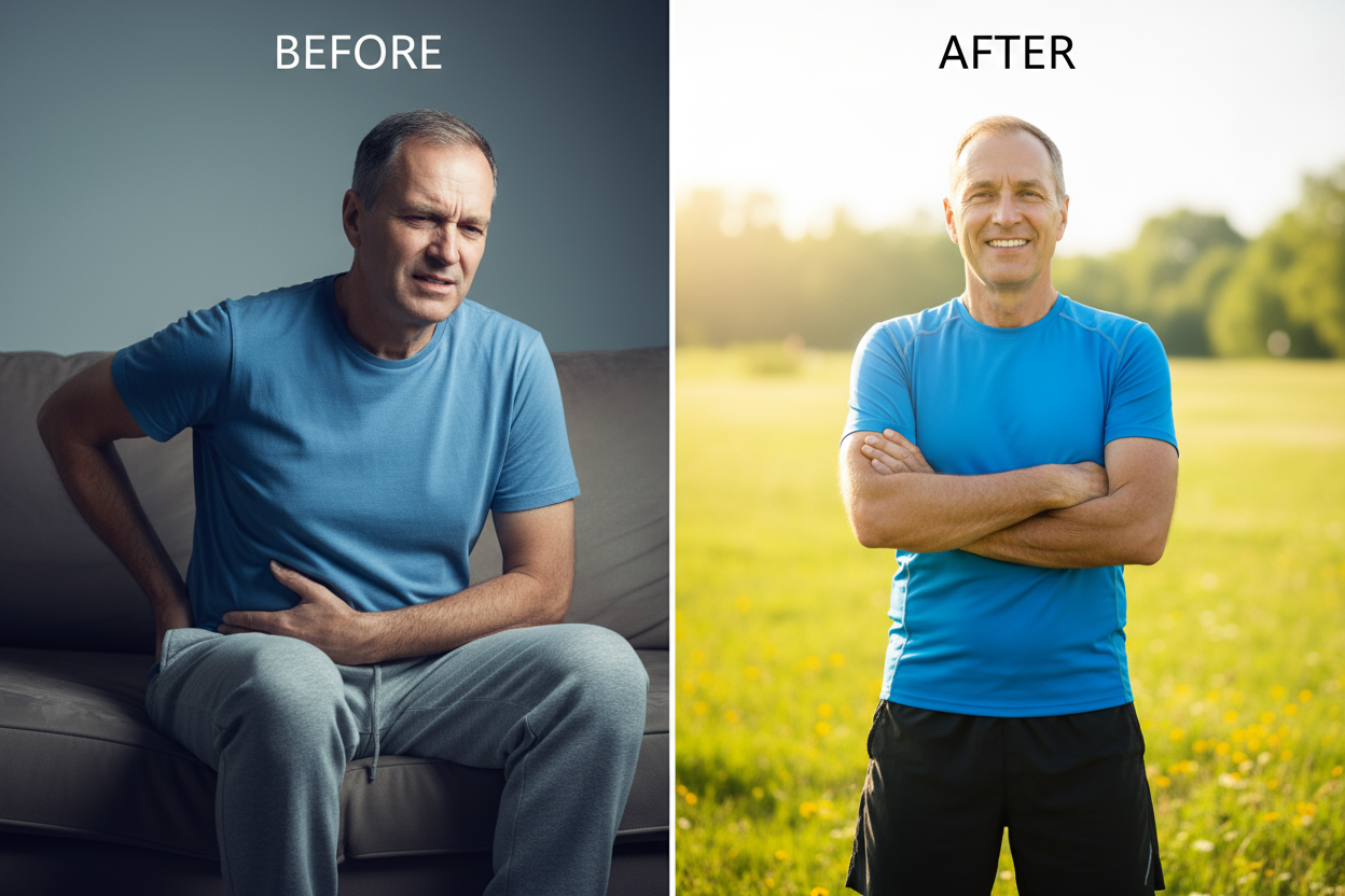 generate a image befor and after people who use prostate health how them feel better 