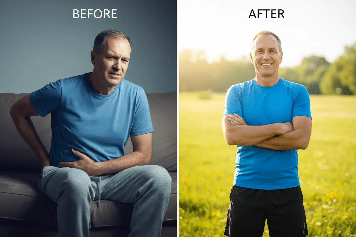 generate a image befor and after people who use prostate health how them feel better 