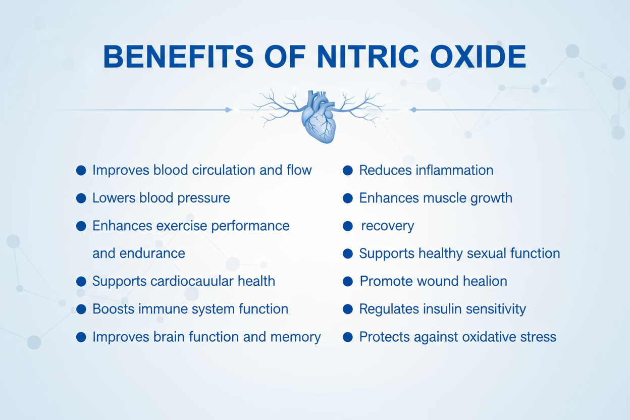 list all benefits of nitric oxide write on the image 